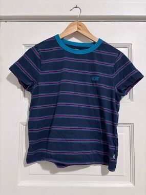 Vans Navy Tee with Pink Stripes and Teal Collar